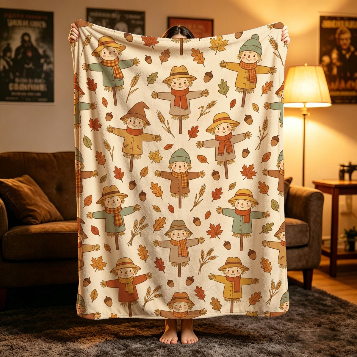 Cute Scarecrow Blanket, Fall Season Flannel Throw, Watercolor Acorn Decor, Soft Fleece Home Accent, Gift for Nature Lover