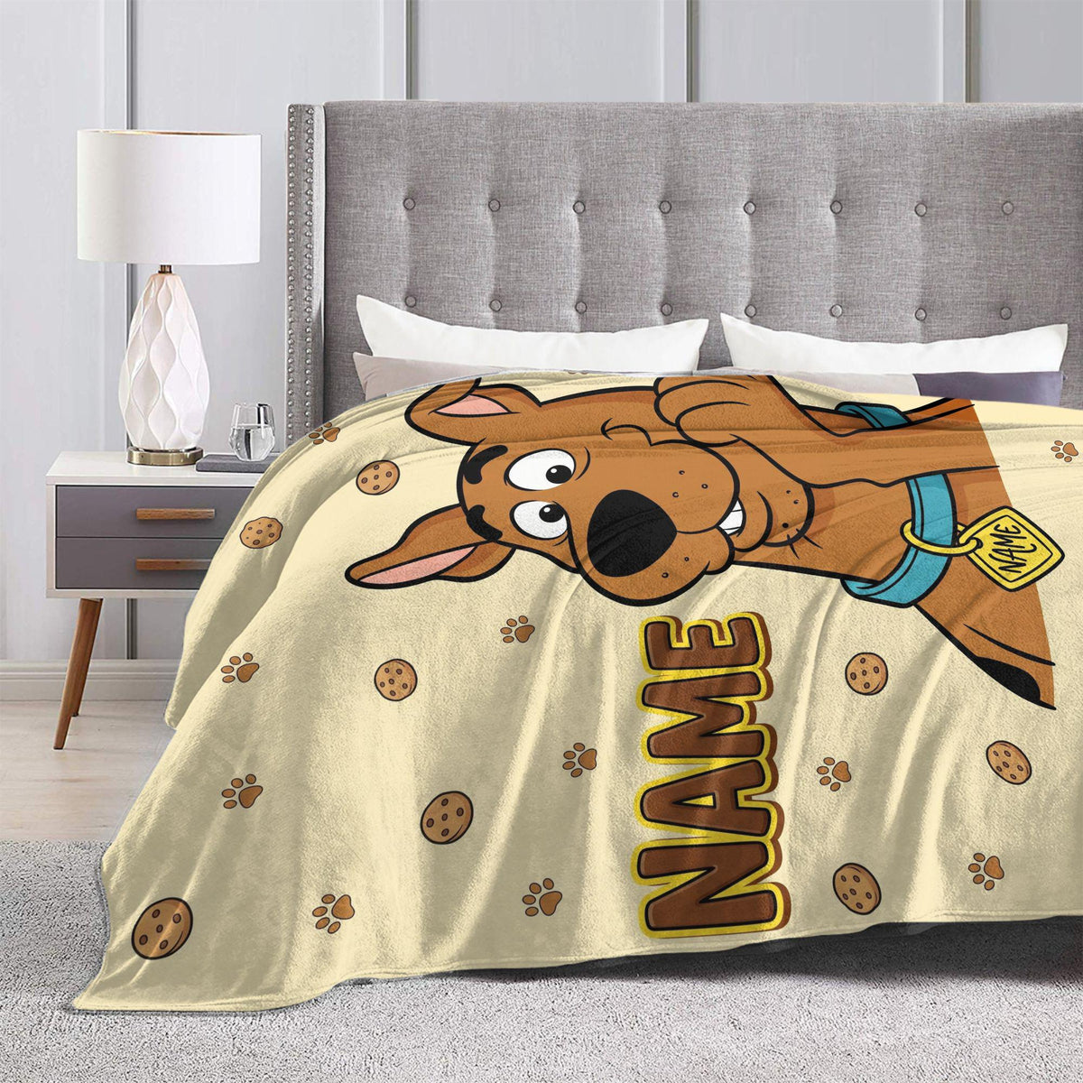 Personalized Cute Dog Blanket, Custom Name Cartoon Throw, Nursery Bedroom Kids Bedding, Birthday Gift for Son Daughter, Soft Fleece Blanket