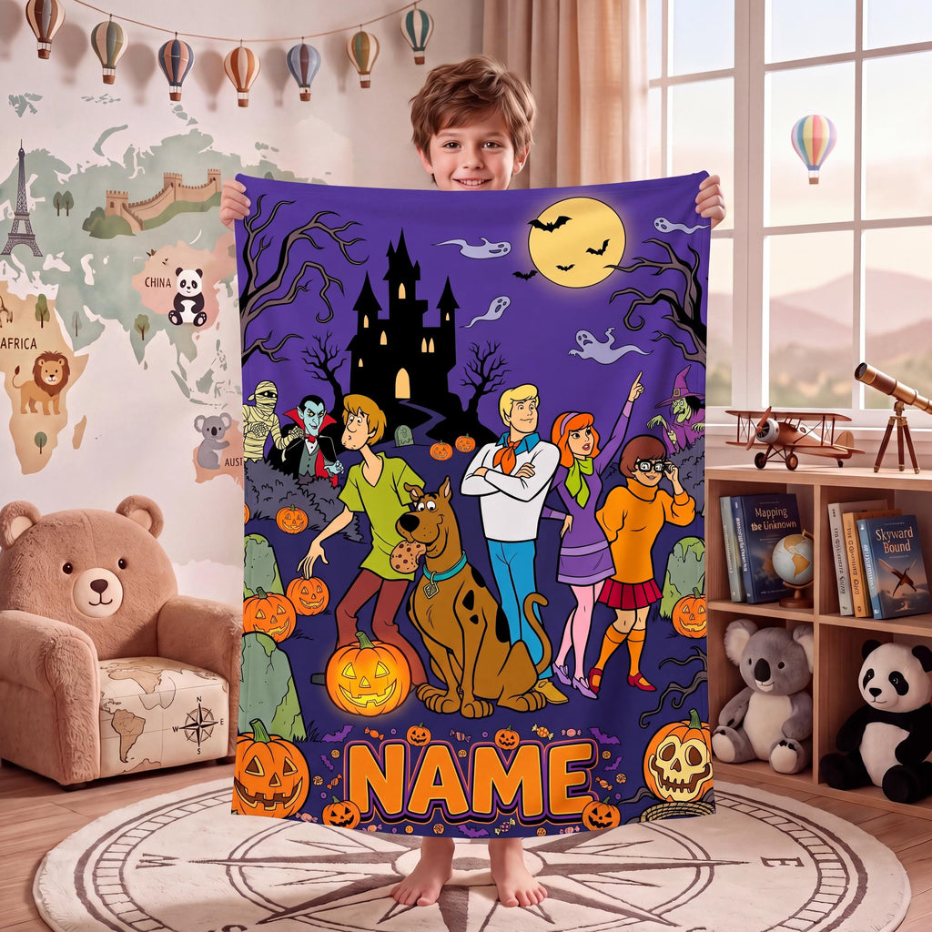 Personalized Halloween Dog Blanket, Custom Spooky Throw, Kids Room Bedding Decor, Birthday Gift for Son Daughter, Fall Fleece Blanket
