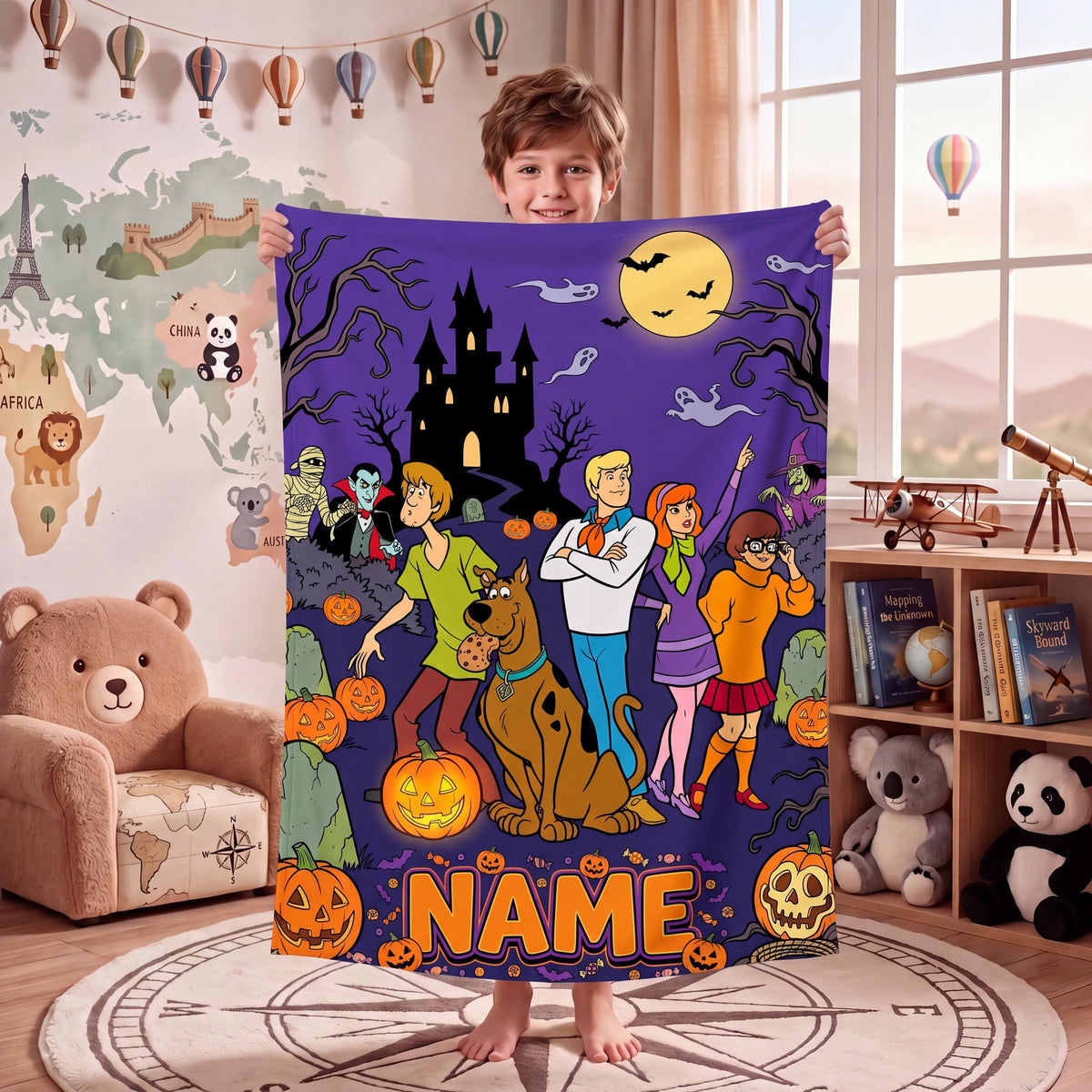 Personalized Halloween Dog Blanket, Custom Spooky Throw, Kids Room Bedding Decor, Birthday Gift for Son Daughter, Fall Fleece Blanket
