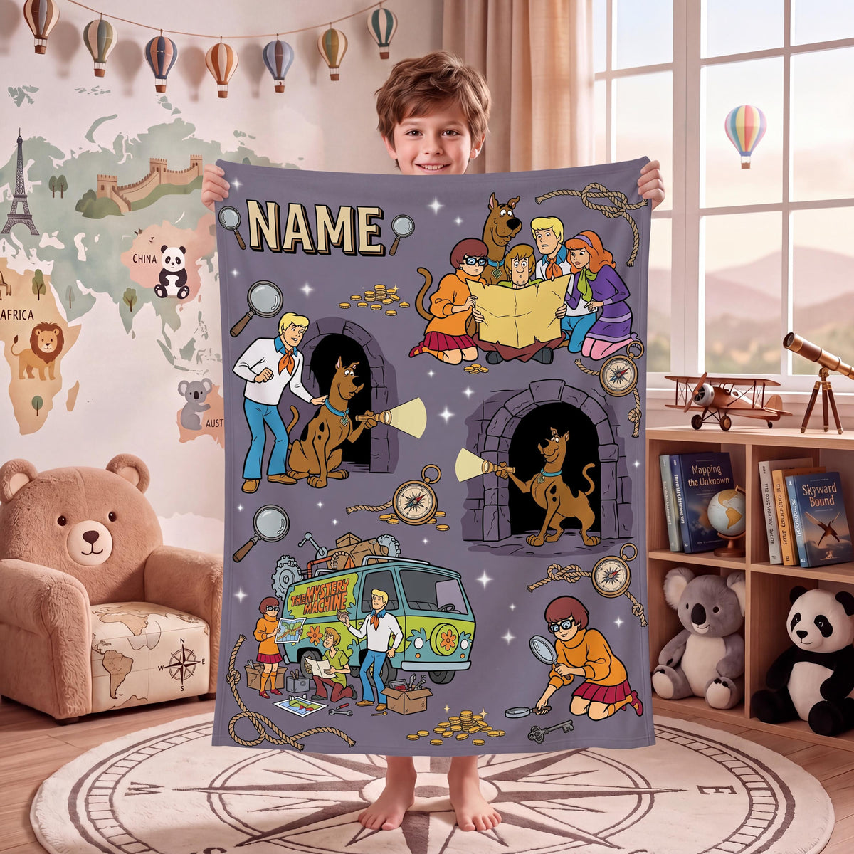 Personalized Detective Blanket, Custom Dog Throw, Mystery Clue Cartoon Bedding, Kids Room Decor, Birthday Gift for Son Daughter Fleece Throw