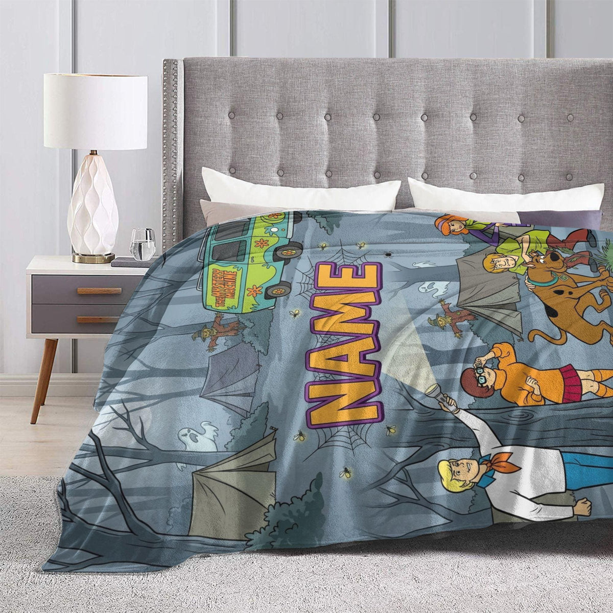 Personalized Camp Blanket, Custom Dog Throw, Spooky Forest Kids Bedding, Cozy Room Decor, Birthday Gift for Son Daughter, Fall Fleece Throw