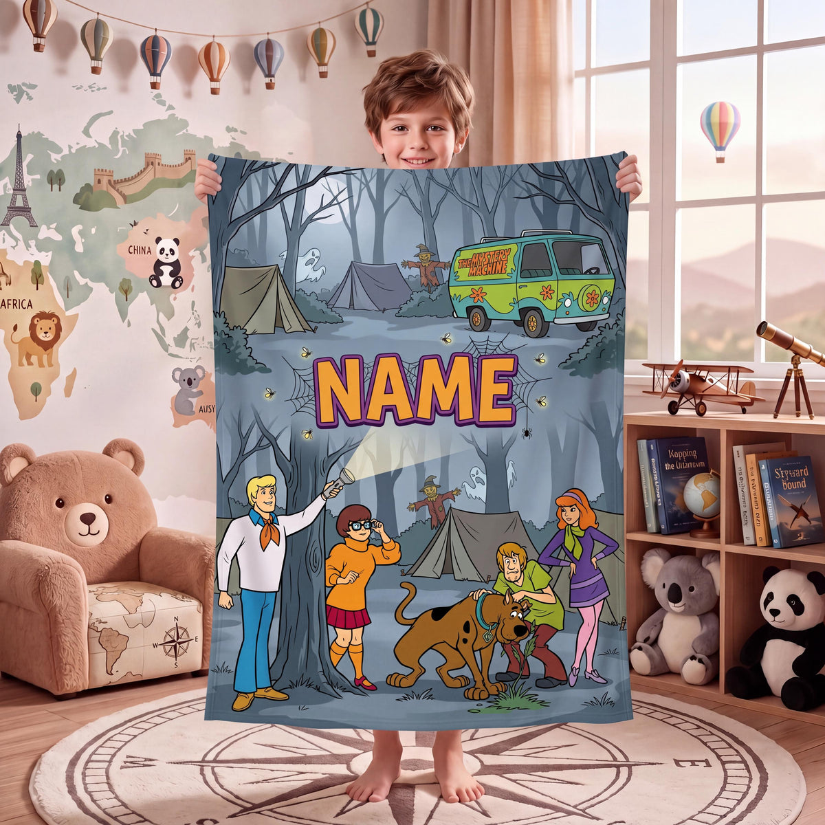 Personalized Camp Blanket, Custom Dog Throw, Spooky Forest Kids Bedding, Cozy Room Decor, Birthday Gift for Son Daughter, Fall Fleece Throw
