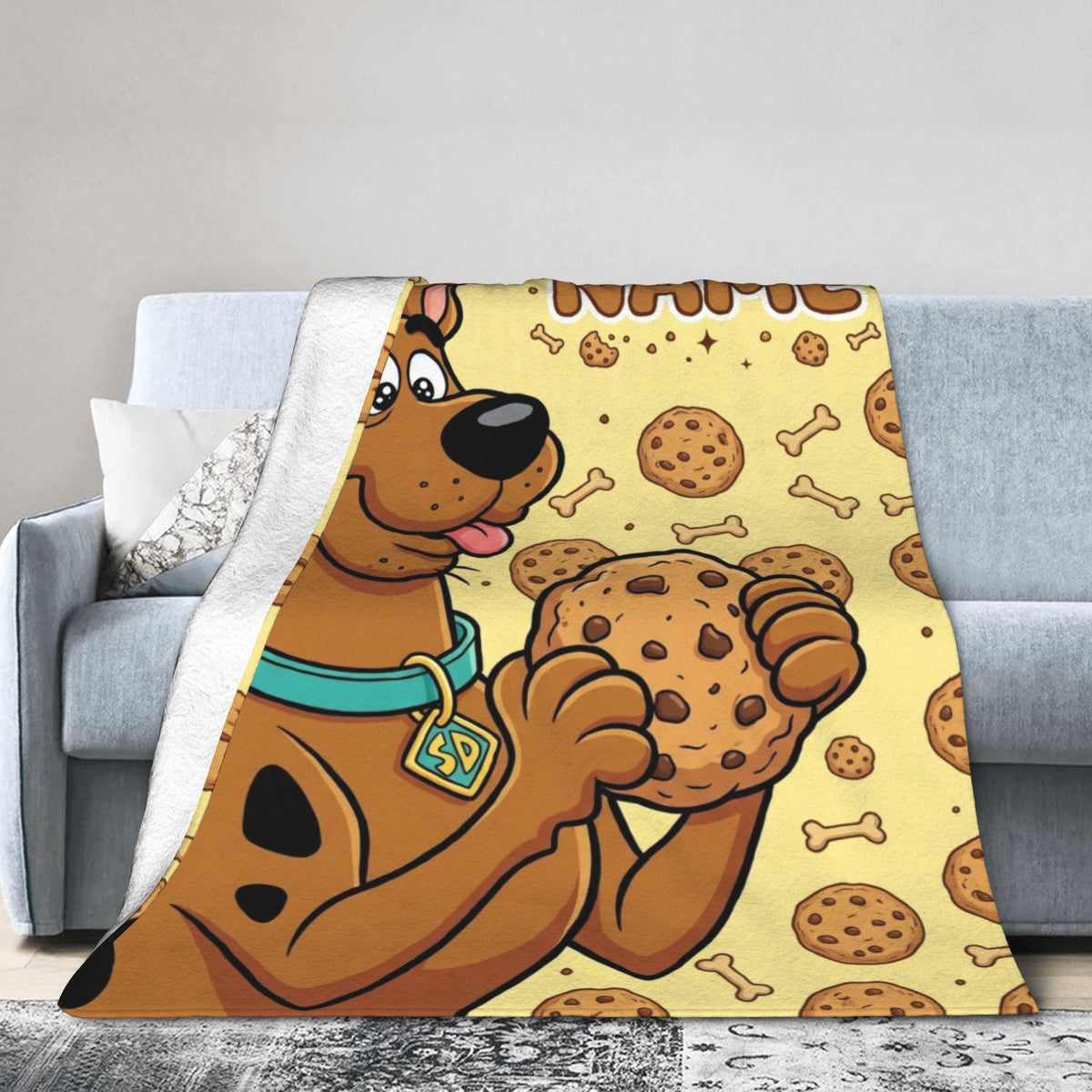 Personalized Dog Cookie Blanket, Custom Name Snack Throw, Retro Cartoon Kids Bedding Decor, Birthday Gift for Son Daughter, Fleece Throw