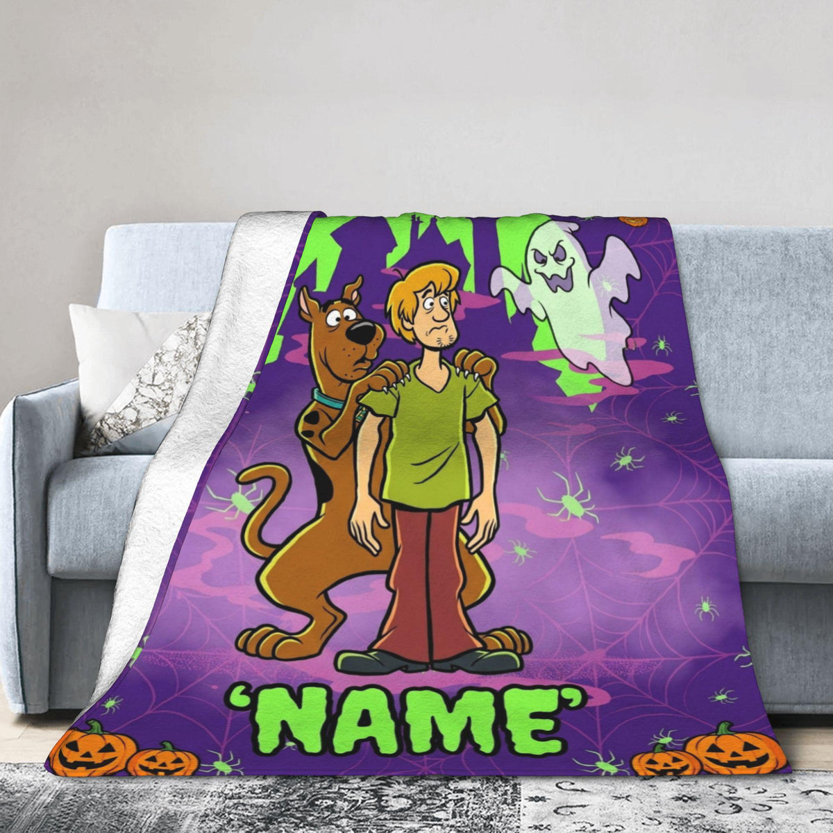 Personalized Halloween Mystery Blanket, Custom Dog Throw, Spooky Cartoon Room Decor, Cozy Birthday Gift for Kids Son, Fall Fleece Bedding