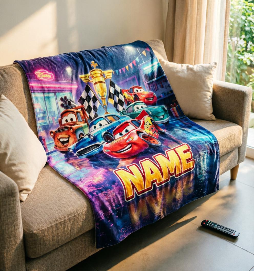 Custom Name Cars Blanket Soft Throw, Magical Racing Kid Celebration Gift