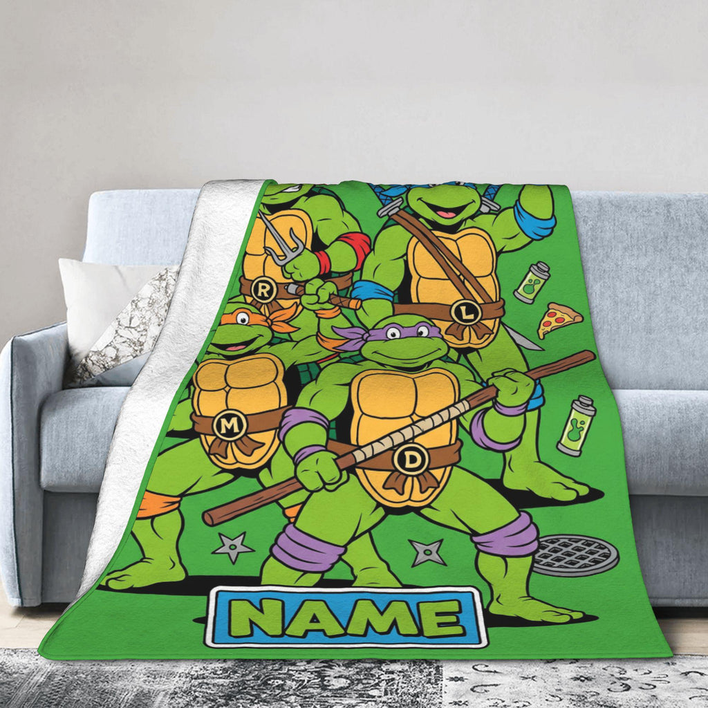 Personalized Sewer Ninja Brothers Flannel Blanket, Custom Green Hero Team Throw, Retro Pizza Comic Bedding, Action Gift for Kids Boys