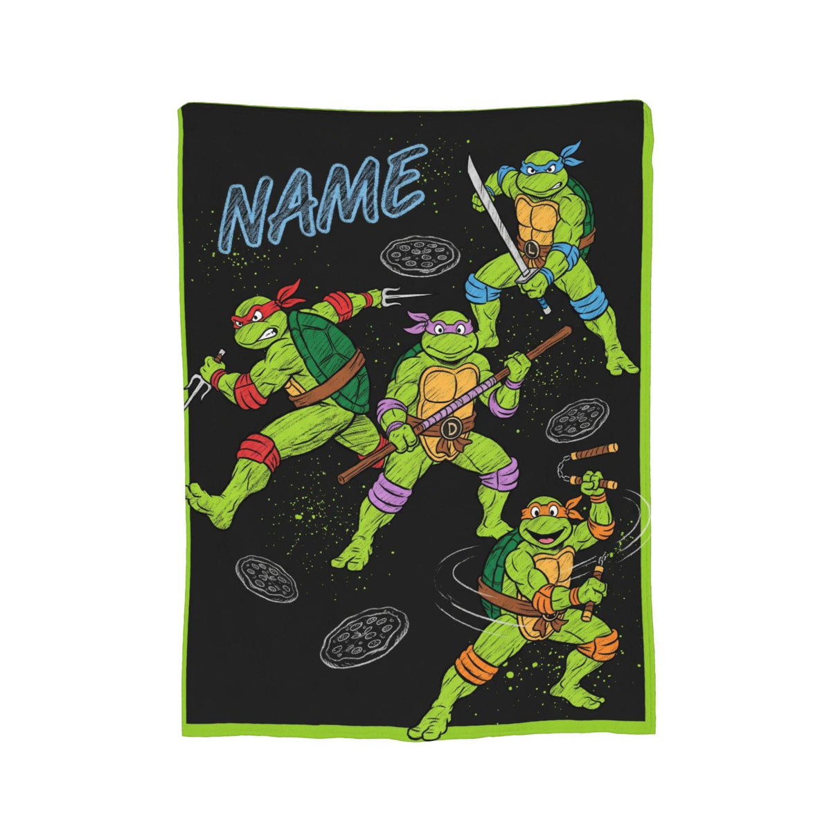 Personalized Ninja Turtles Chalkboard Style Custom Name Fleece Blanket