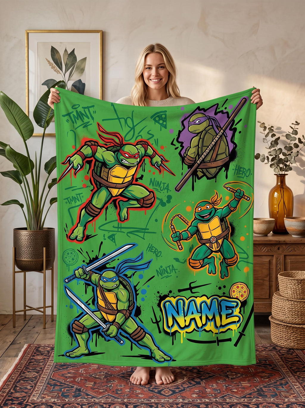 Personalized Ninja Reptile Street Flannel Blanket, Custom Sewer Mutant Hero Throw, Retro Comic Action Bedding, Cool Birthday Gift for Boys