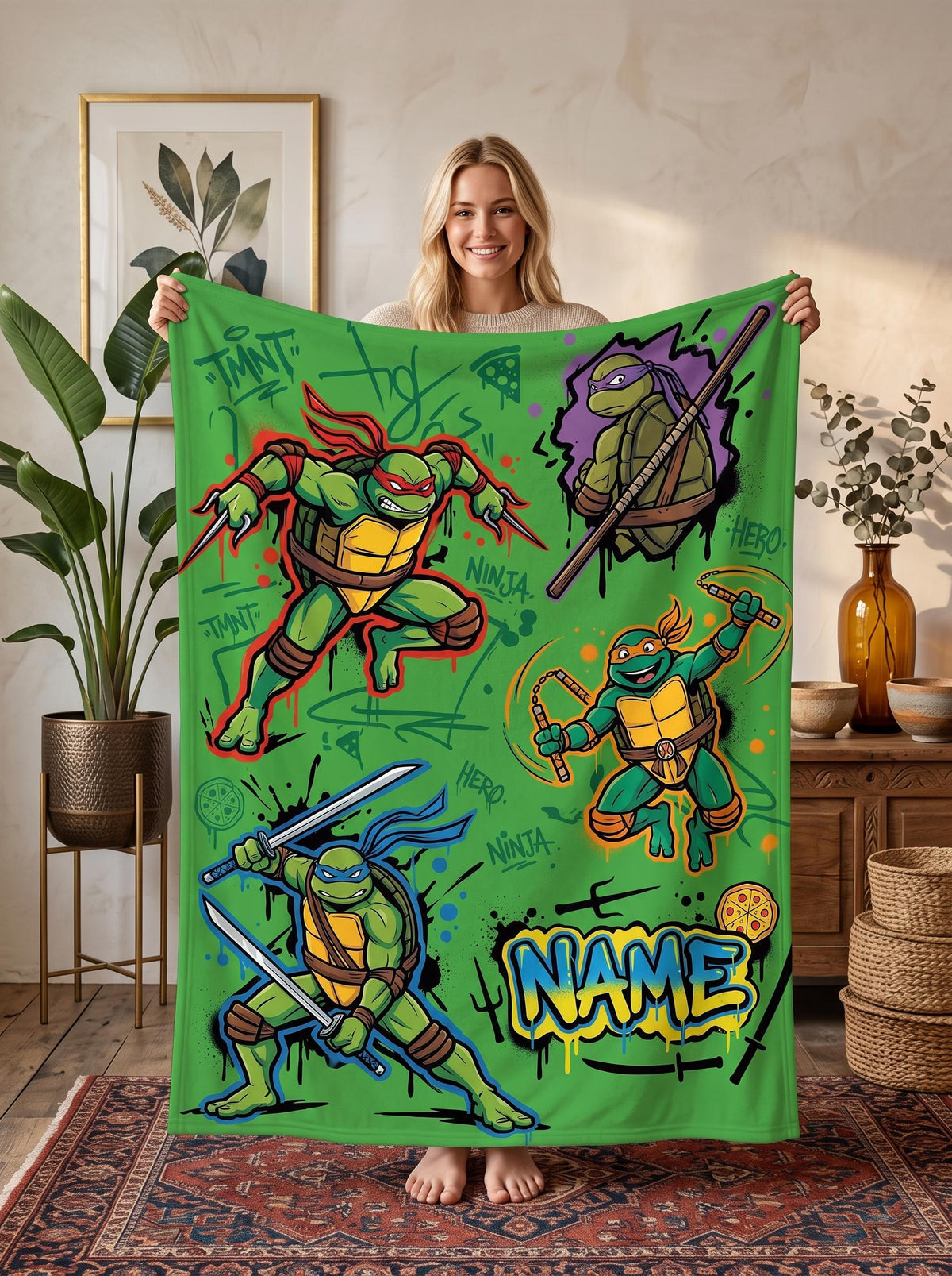 Personalized Ninja Reptile Street Flannel Blanket, Custom Sewer Mutant Hero Throw, Retro Comic Action Bedding, Cool Birthday Gift for Boys
