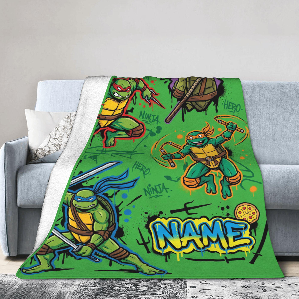 Personalized Ninja Reptile Street Flannel Blanket, Custom Sewer Mutant Hero Throw, Retro Comic Action Bedding, Cool Birthday Gift for Boys