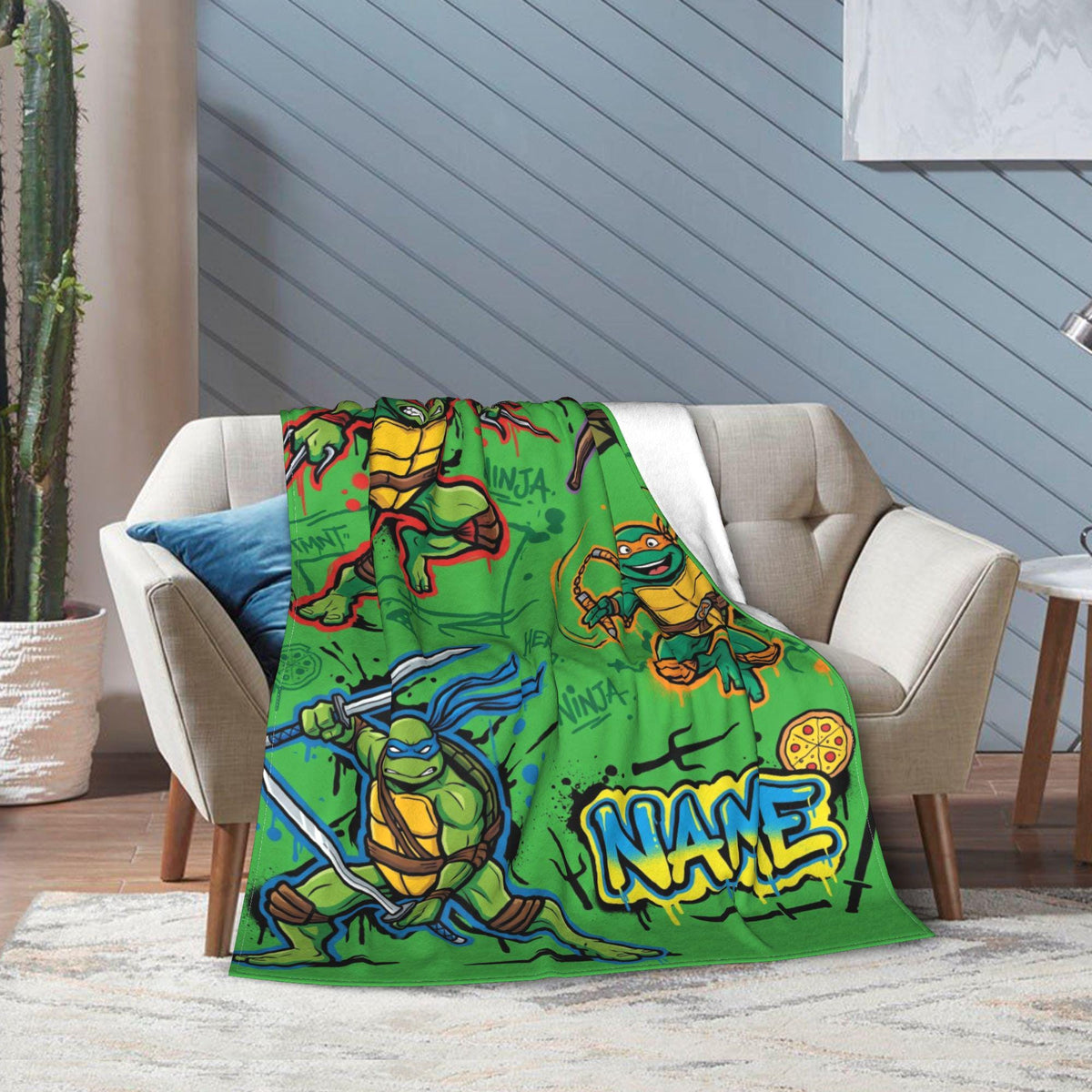 Personalized Ninja Reptile Street Flannel Blanket, Custom Sewer Mutant Hero Throw, Retro Comic Action Bedding, Cool Birthday Gift for Boys