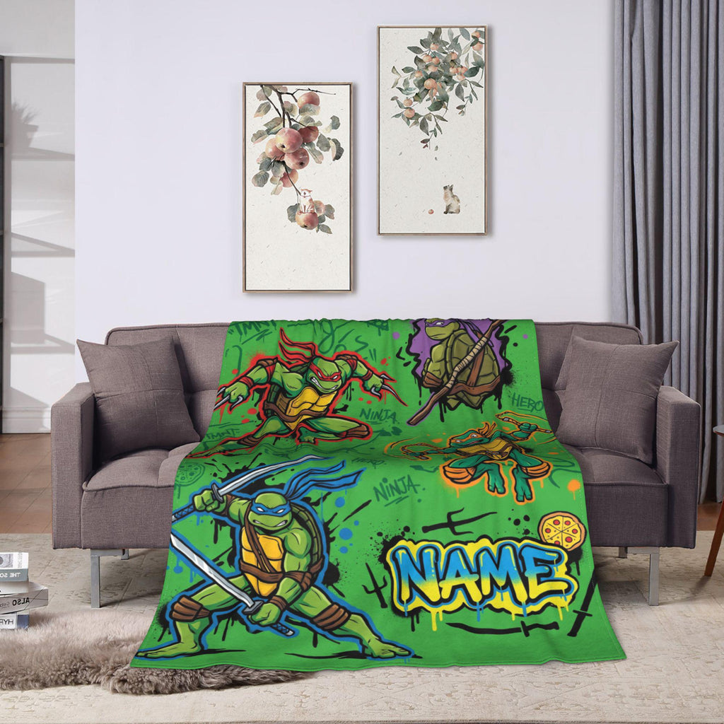 Personalized Ninja Reptile Street Flannel Blanket, Custom Sewer Mutant Hero Throw, Retro Comic Action Bedding, Cool Birthday Gift for Boys