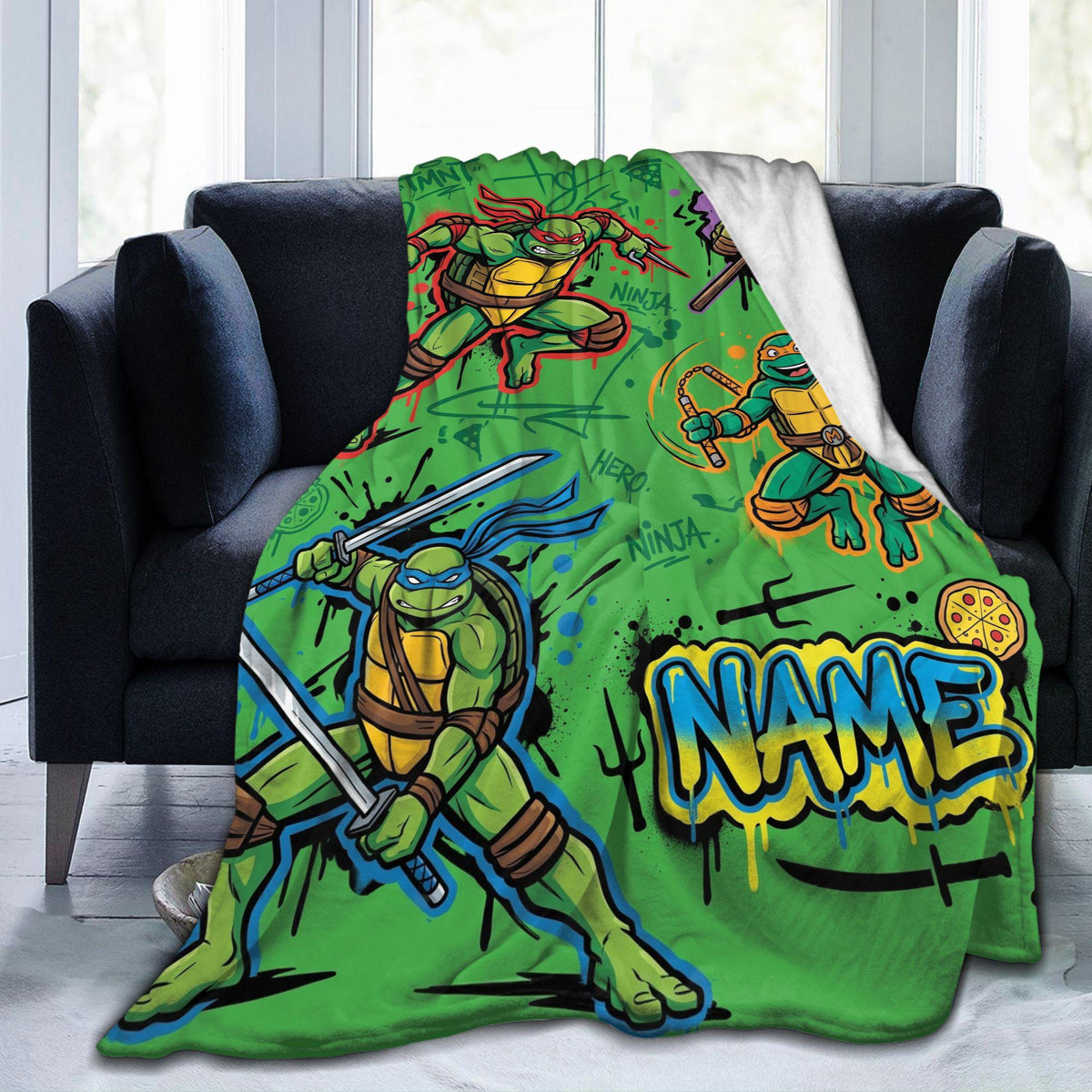 Personalized Ninja Reptile Street Flannel Blanket, Custom Sewer Mutant Hero Throw, Retro Comic Action Bedding, Cool Birthday Gift for Boys