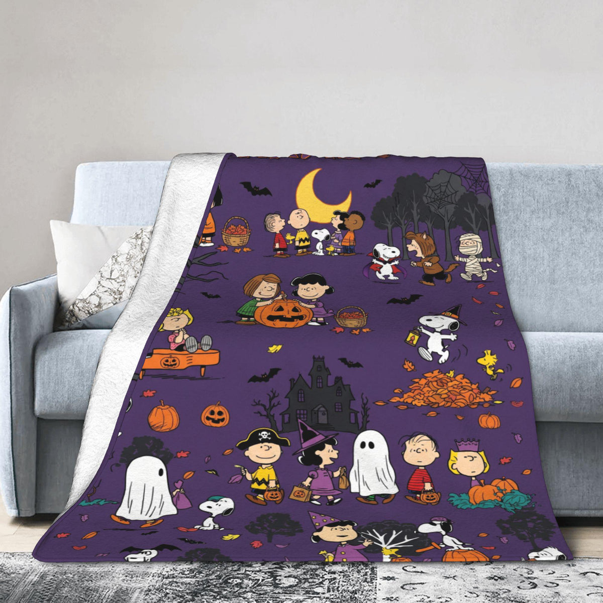 Personalized Spooky Ghost Beagle Flannel Blanket, Custom Halloween Dog Throw, Jack O Lantern Comic Bedding, Boo Gift for Kids Pet Lovers