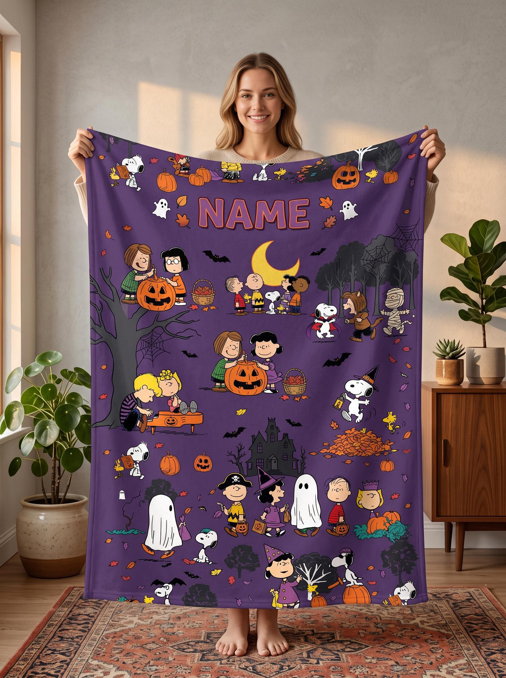 Personalized Spooky Ghost Beagle Flannel Blanket, Custom Halloween Dog Throw, Jack O Lantern Comic Bedding, Boo Gift for Kids Pet Lovers