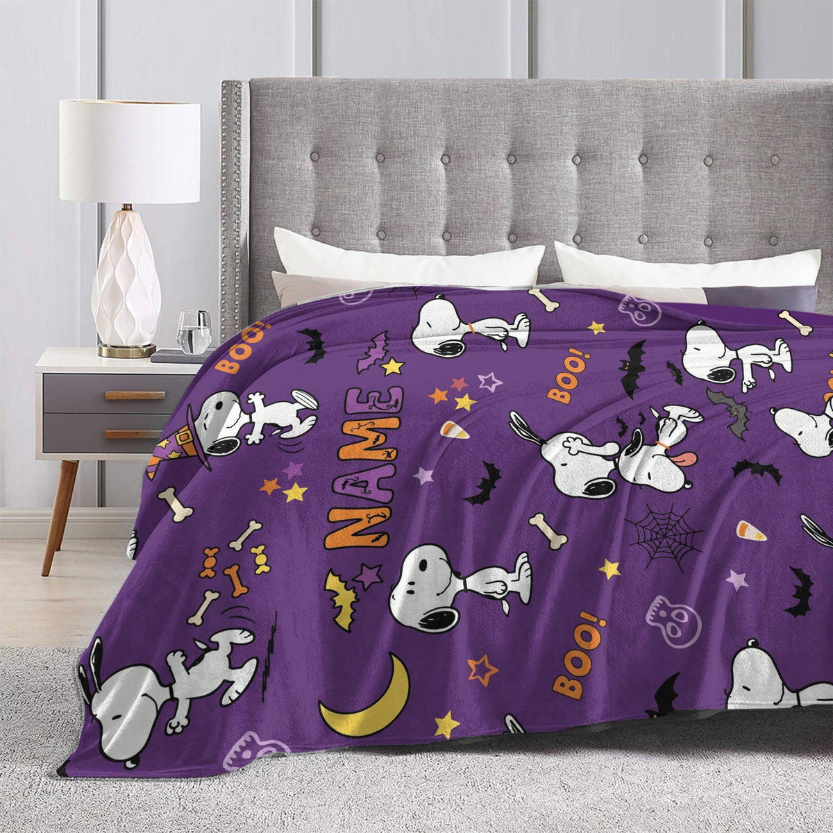 Personalized Halloween Ghost Hound Flannel Blanket, Custom Spooky Boo Comic Throw, Jack-O-Lantern Bedding, October Gift for Kids & Besties