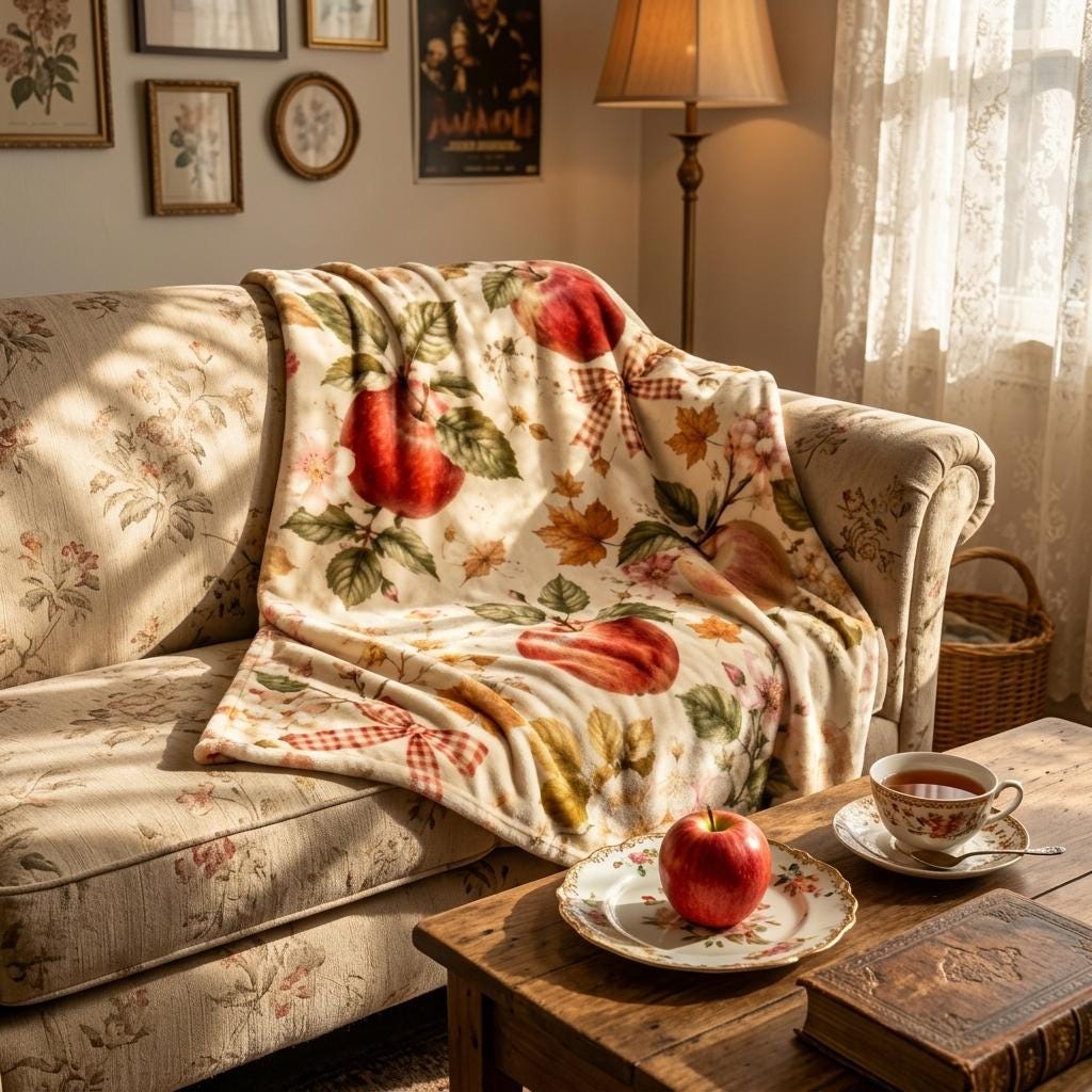 Cottagecore Lover Apple Blanket, Vintage Floral Throw, French Country Flannel, Autumn Fruit Decor, Gift for Her Home