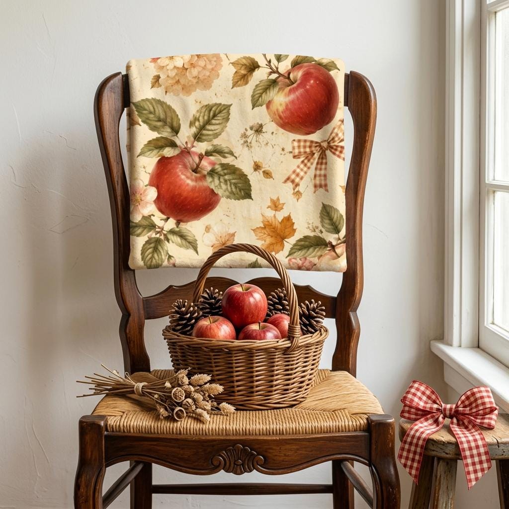 Cottagecore Lover Apple Blanket, Vintage Floral Throw, French Country Flannel, Autumn Fruit Decor, Gift for Her Home