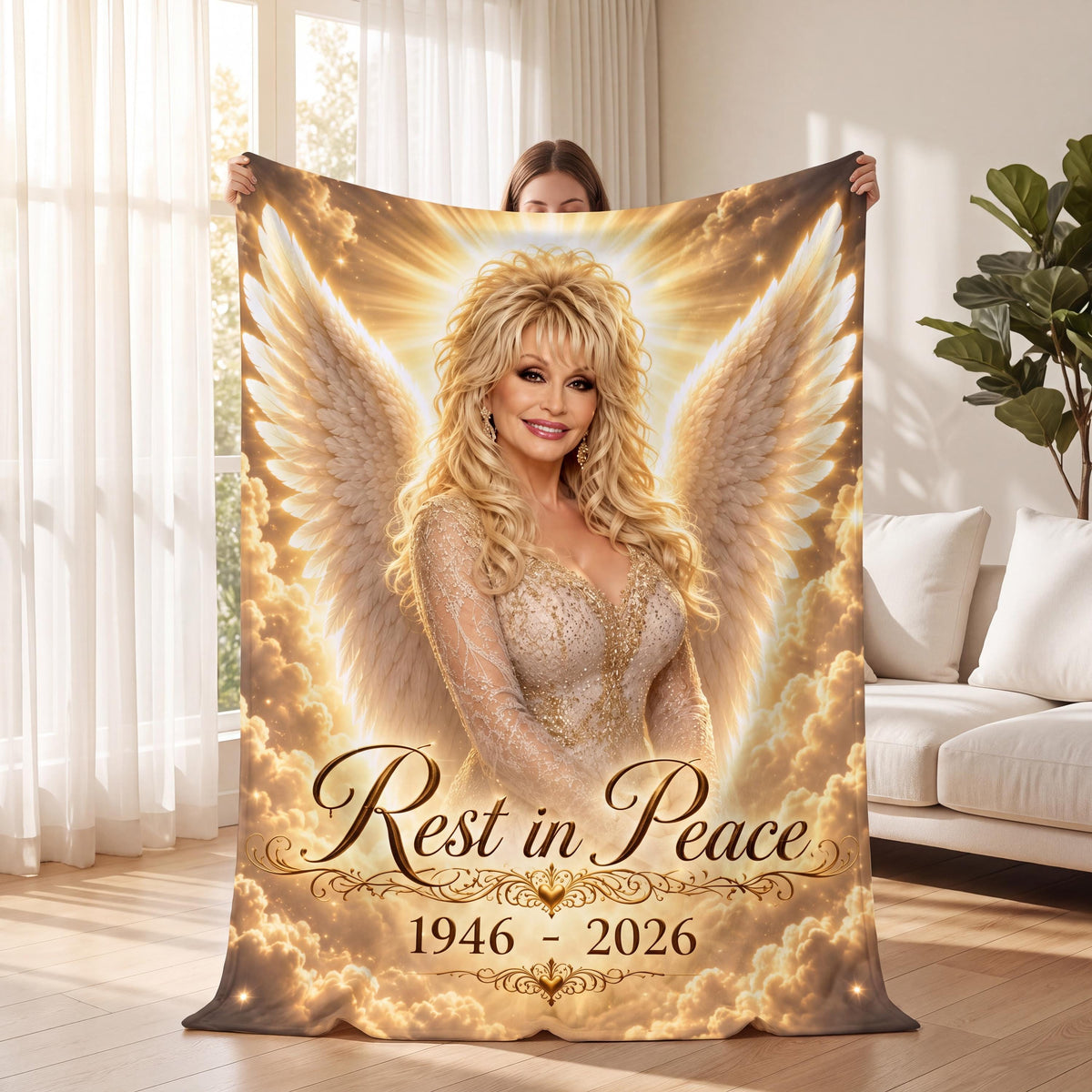 Personalized Dolly Parton Memorial Blanket, Angel Wings Country Music Fan Gift, Rest In Peace Tribute Throw, Heavenly In Loving Memory Gift