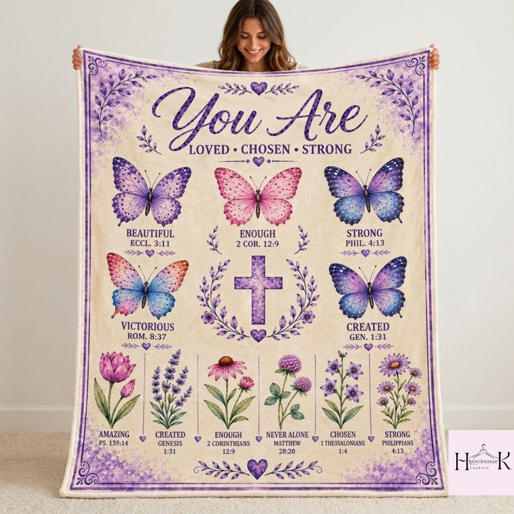 Christian Butterfly Blanket, Bible Verse Floral Throw, You Are Loved Chosen Strong Faith Gift for Women, Inspirational Religious Decor