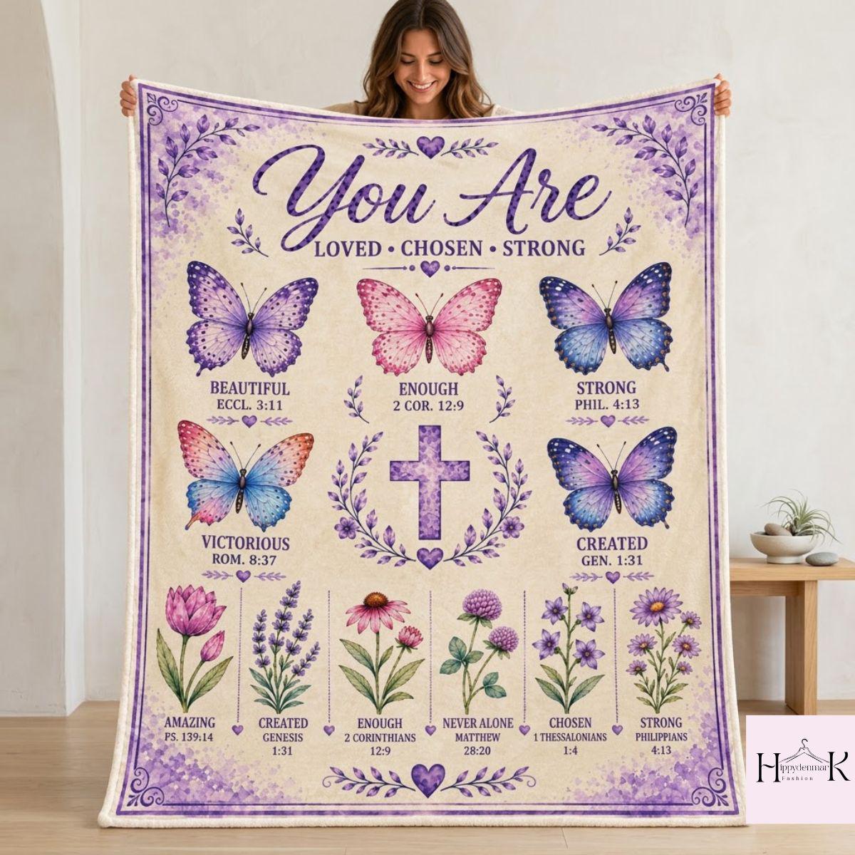 Christian Butterfly Blanket, Bible Verse Floral Throw, You Are Loved Chosen Strong Faith Gift for Women, Inspirational Religious Decor