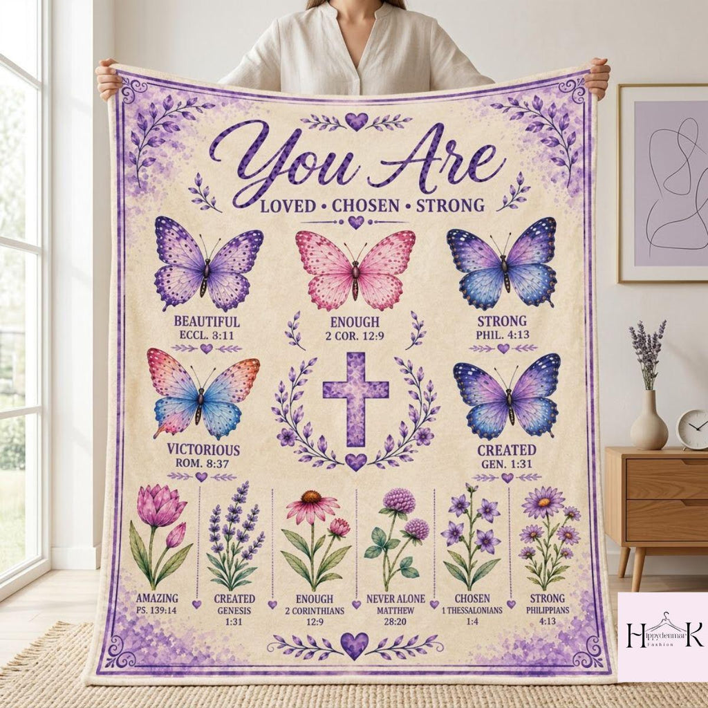 Christian Butterfly Blanket, Bible Verse Floral Throw, You Are Loved Chosen Strong Faith Gift for Women, Inspirational Religious Decor