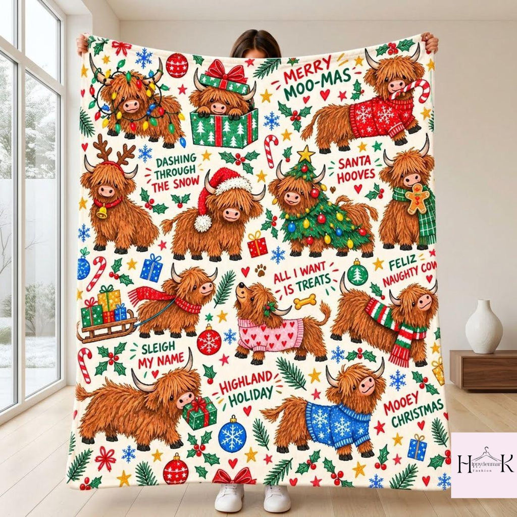 Highland Cow Christmas Blanket, Cute Scottish Cow Holiday Throw, Merry Moo Mas Fleece Blanket, Farmhouse Christmas Gift