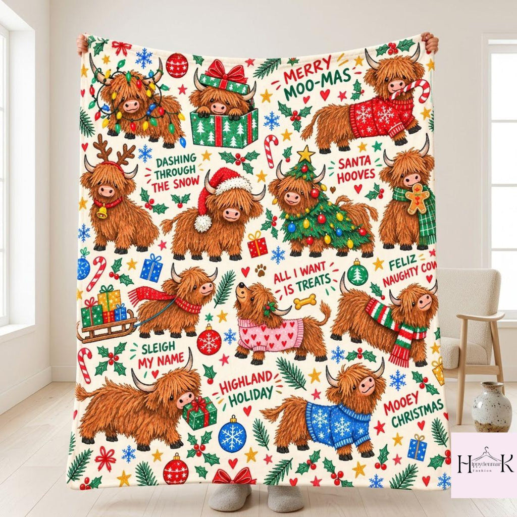 Highland Cow Christmas Blanket, Cute Scottish Cow Holiday Throw, Merry Moo Mas Fleece Blanket, Farmhouse Christmas Gift