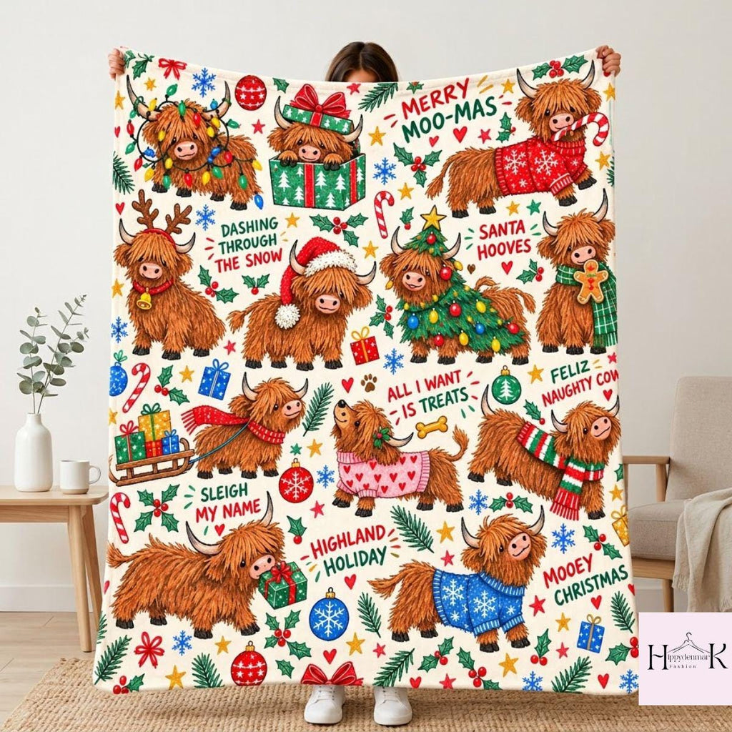 Highland Cow Christmas Blanket, Cute Scottish Cow Holiday Throw, Merry Moo Mas Fleece Blanket, Farmhouse Christmas Gift