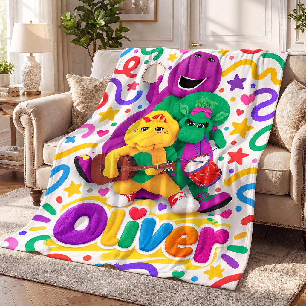Cute Personalized Dinosaur Blanket Custom Name Flannel Throw 90s Nostalgic TV Purple Dino Toddler Birthday Gift Baby Boy Nursery Bedding