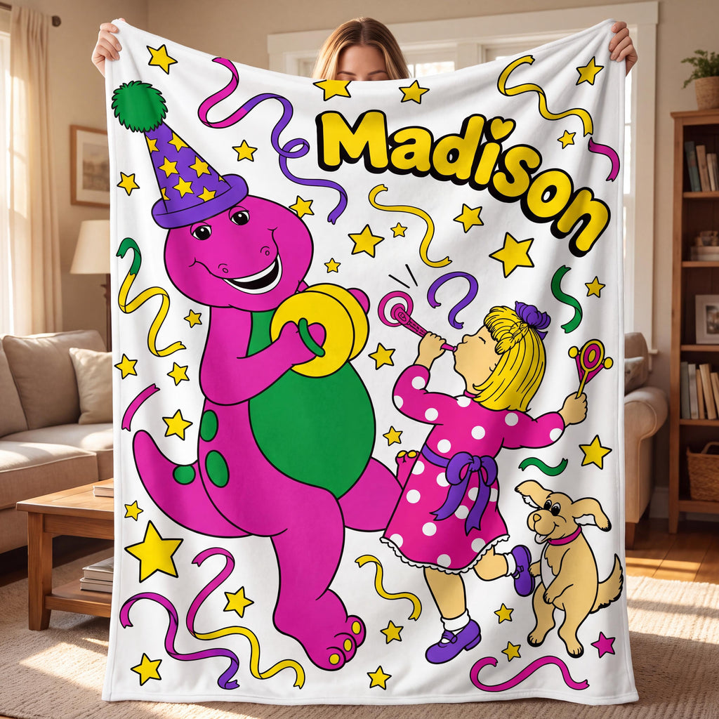 Personalized Purple Dinosaur Flannel Blanket, Custom Name Throw for Kids, 90s Nostalgia Childhood Gift, Toddler Birthday Party Decor