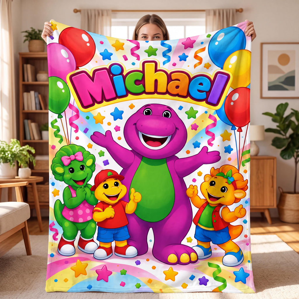 Personalized Dinosaur Blanket Custom Name Flannel Throw Nostalgic 90s Kids Gift Purple Dino Nursery Decor Toddler Birthday Present