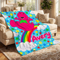 Personalized Purple Dinosaur Blanket for Kids, Custom Name Rainbow Throw, Nostalgic 90s TV Theme Soft Flannel, Toddler Birthday Gift