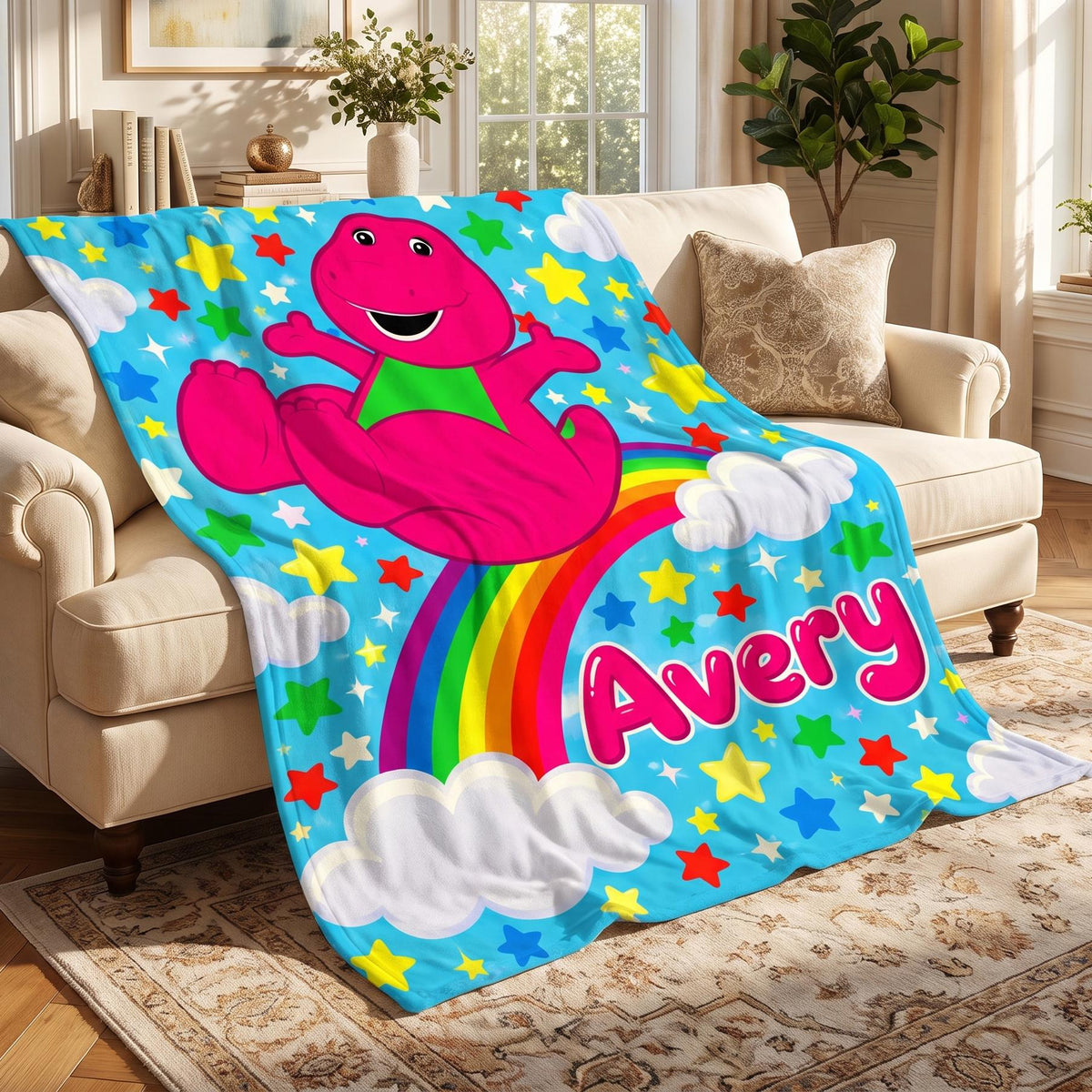 Personalized Purple Dinosaur Blanket for Kids, Custom Name Rainbow Throw, Nostalgic 90s TV Theme Soft Flannel, Toddler Birthday Gift