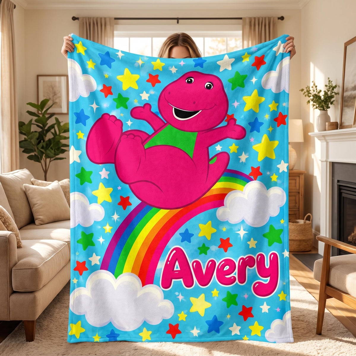 Personalized Purple Dinosaur Blanket for Kids, Custom Name Rainbow Throw, Nostalgic 90s TV Theme Soft Flannel, Toddler Birthday Gift
