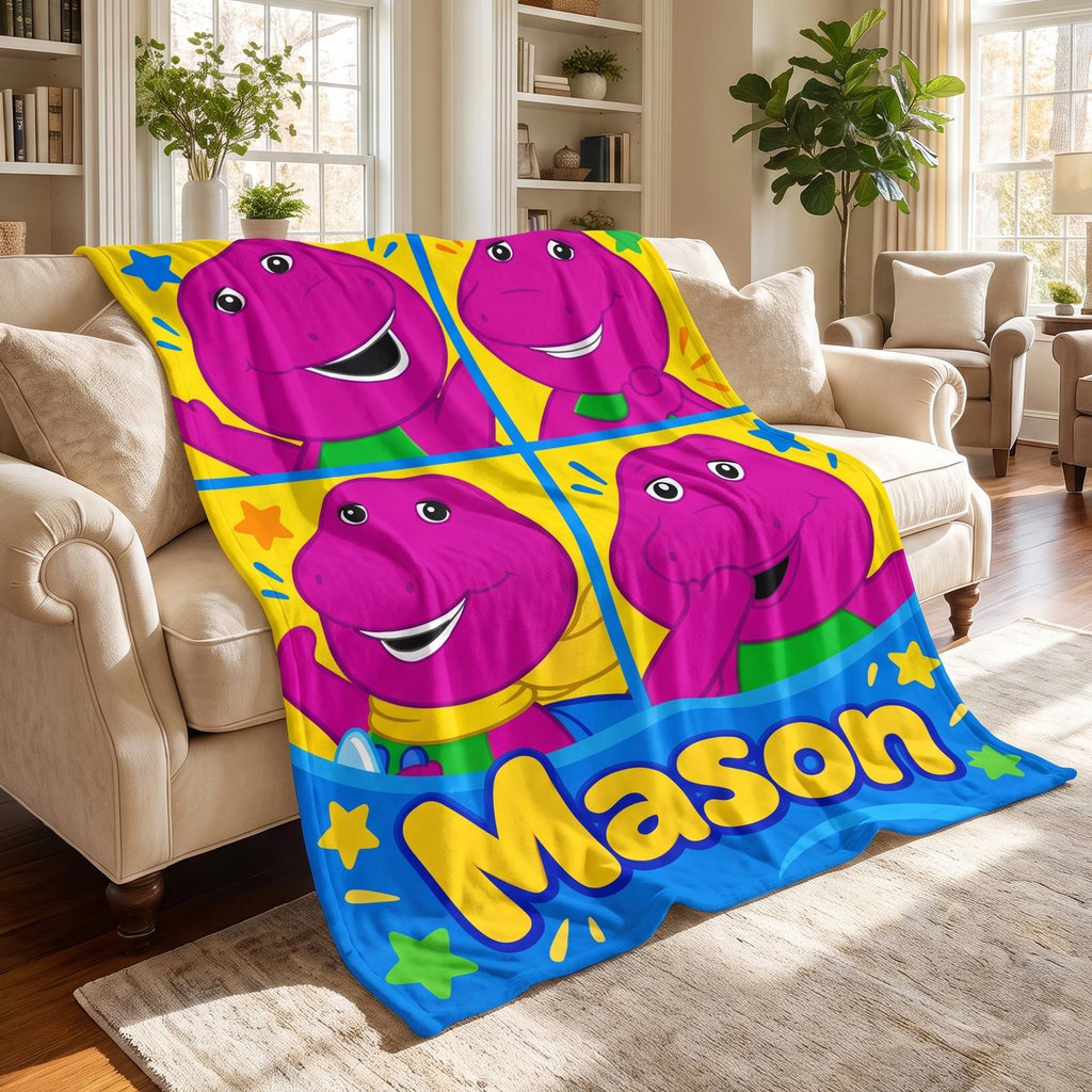 Personalized Soft Purple Dinosaur Flannel Blanket, Custom Name Throw Kids Birthday Gift, Nostalgic Nursery Decor Toddler Boy Girl Present