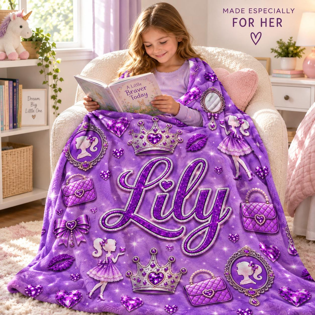 Personalized Girls Blanket, Purple Princess Blanket with Name, Kids Plush Gift
