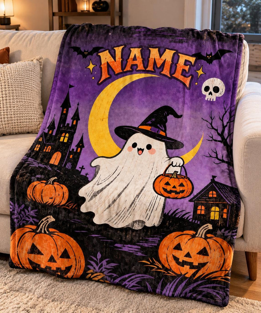 Personalized Halloween Ghost Pumpkin Fleece Blanket, Custom Name Throw, Spooky Room Decor Gift