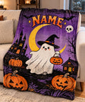 Personalized Halloween Ghost Pumpkin Fleece Blanket, Custom Name Throw, Spooky Room Decor Gift
