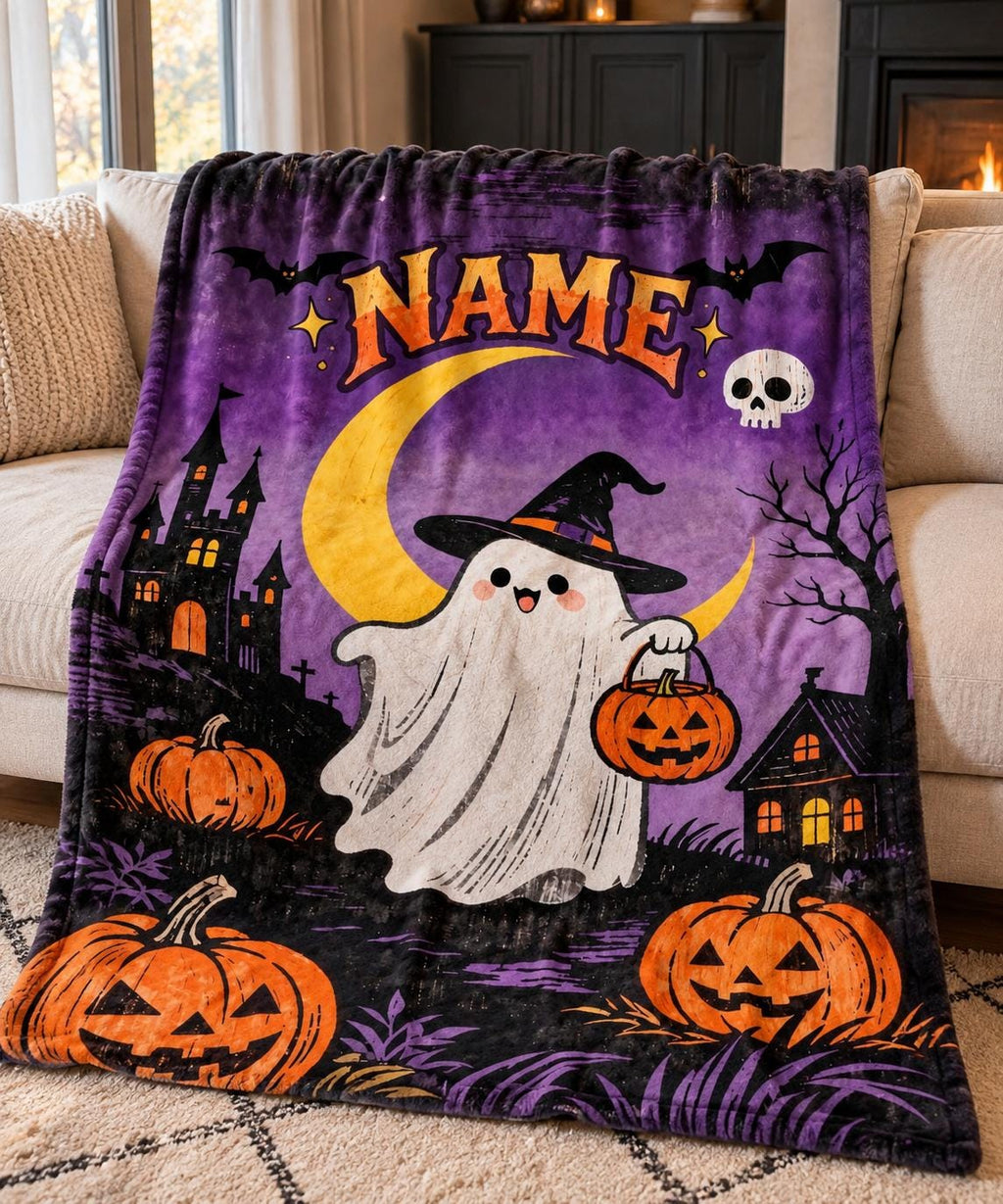 Personalized Halloween Ghost Pumpkin Fleece Blanket, Custom Name Throw, Spooky Room Decor Gift