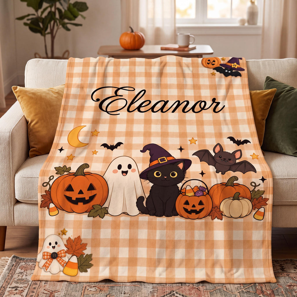 Custom Halloween Blanket, Cute Ghost & Black Cat Baby Throw, Personalized Boo Basket Stuffer, Toddler Fall Decor, First Halloween Gift