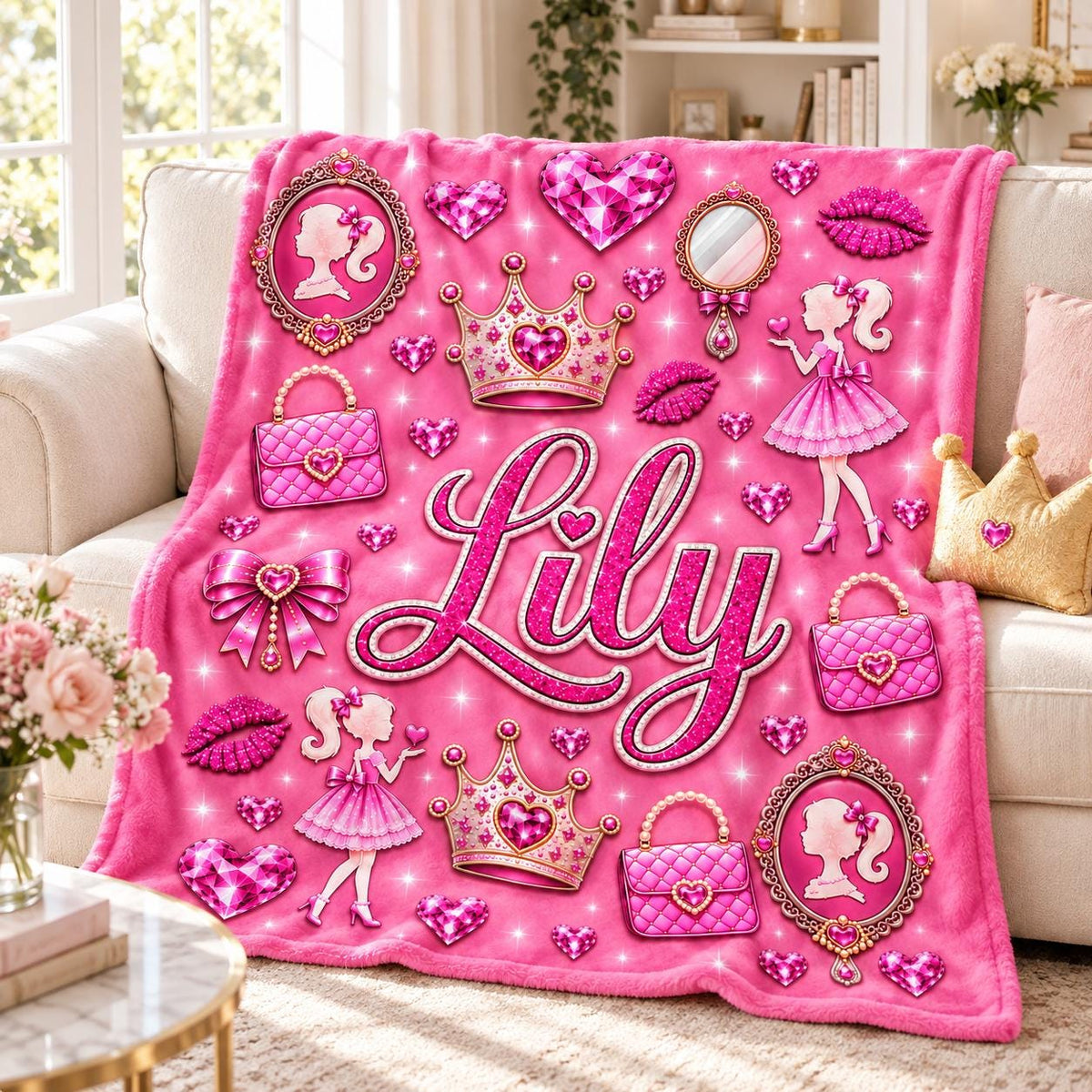 Personalized Girls Blanket, Pink Princess Blanket with Name, Kids Plush Gift