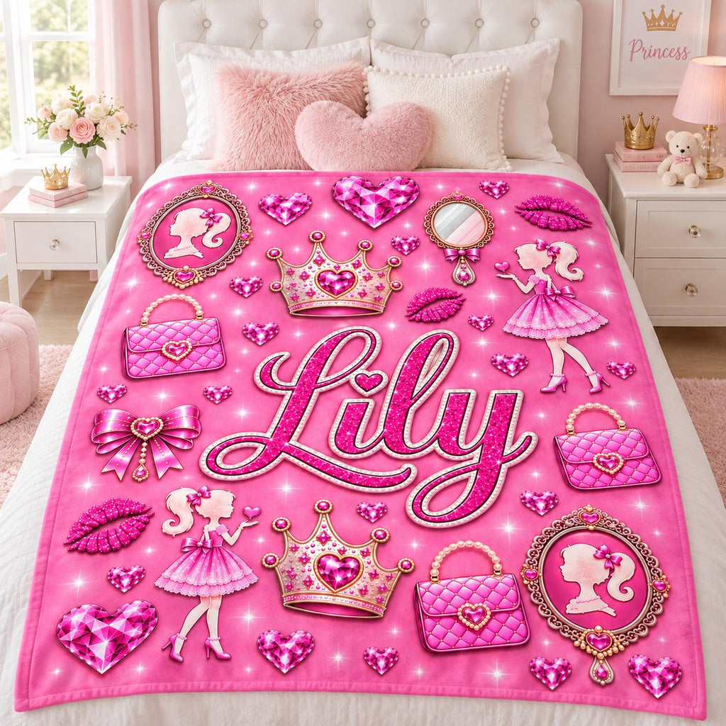 Personalized Girls Blanket, Pink Princess Blanket with Name, Kids Plush Gift
