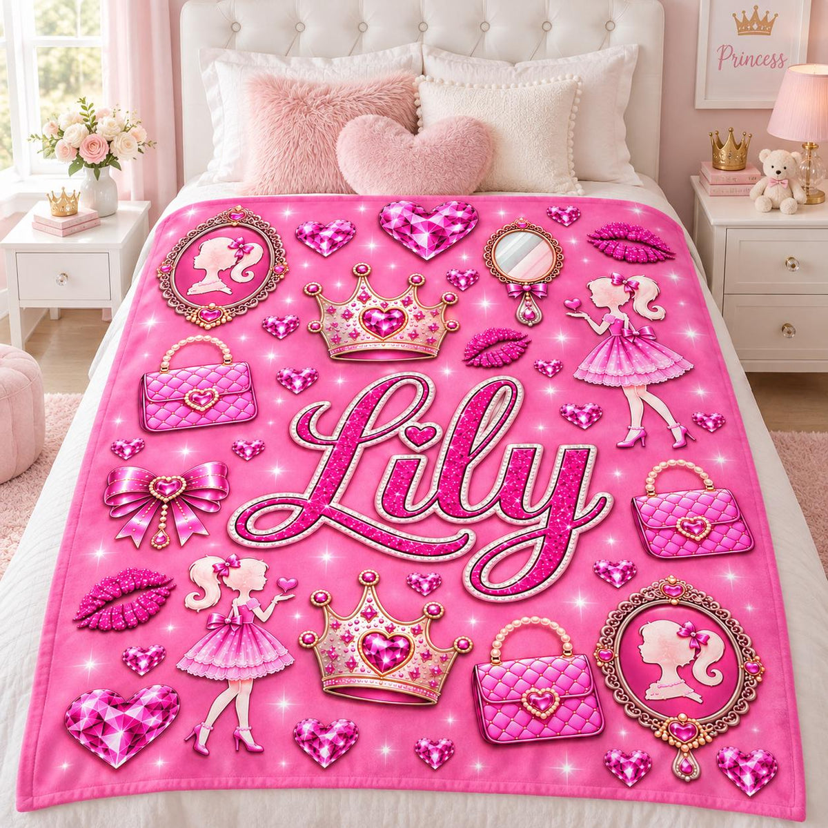 Personalized Girls Blanket, Pink Princess Blanket with Name, Kids Plush Gift