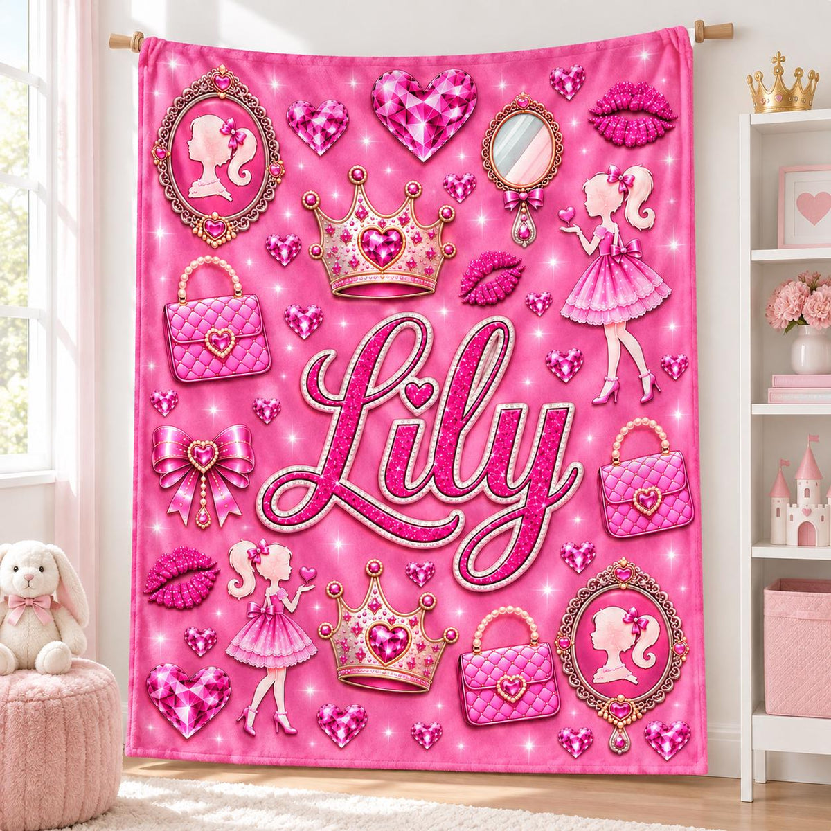 Personalized Girls Blanket, Pink Princess Blanket with Name, Kids Plush Gift