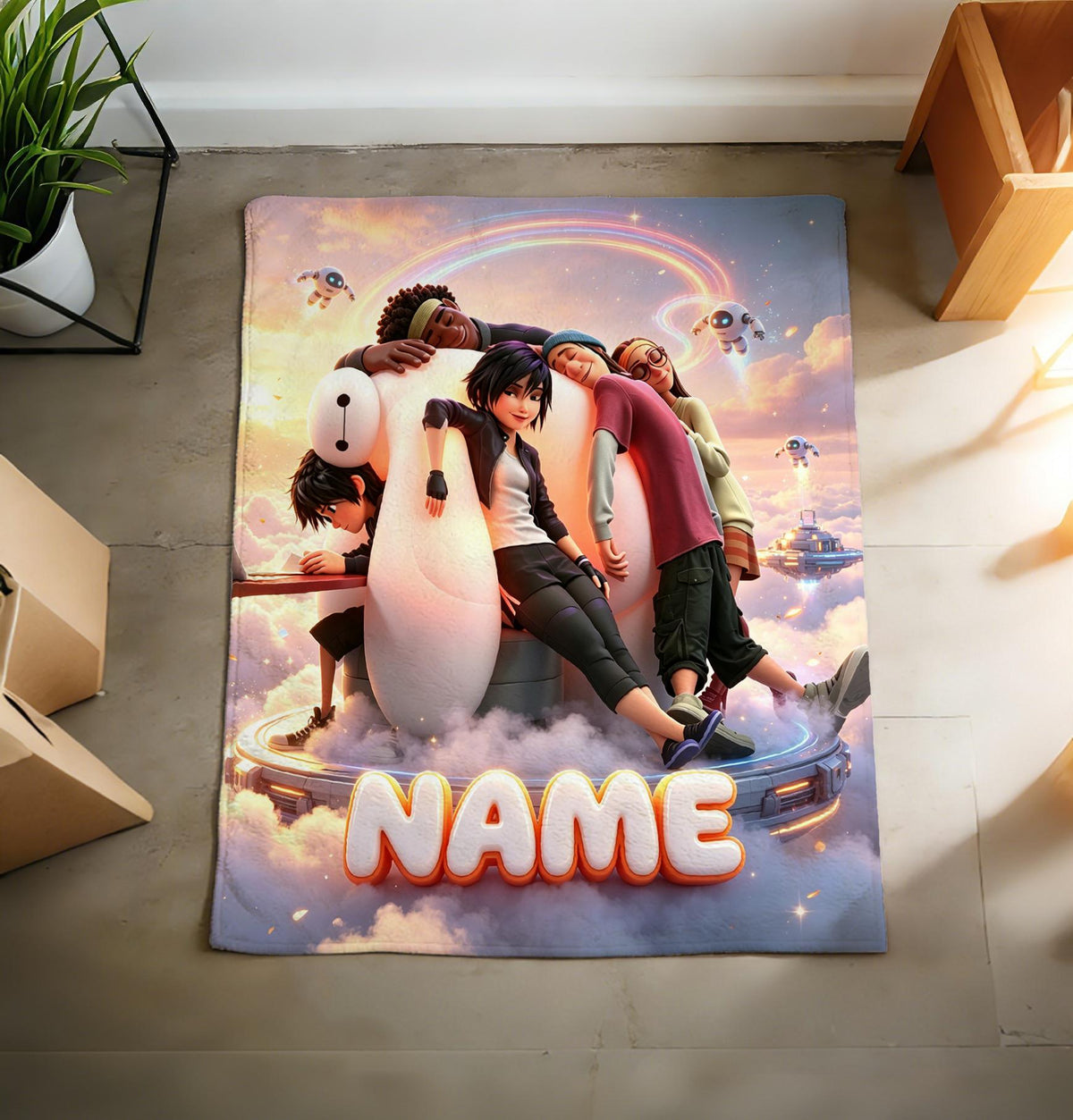 Personalized Baymax Robot Fleece Blanket, Custom Name Throw, Cozy Kids Gift