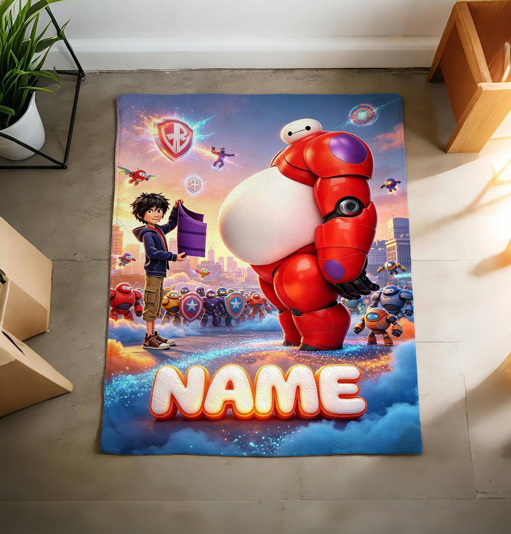 Personalized Baymax Robot Fleece Blanket, Custom Name Throw, Cozy Kids Gift