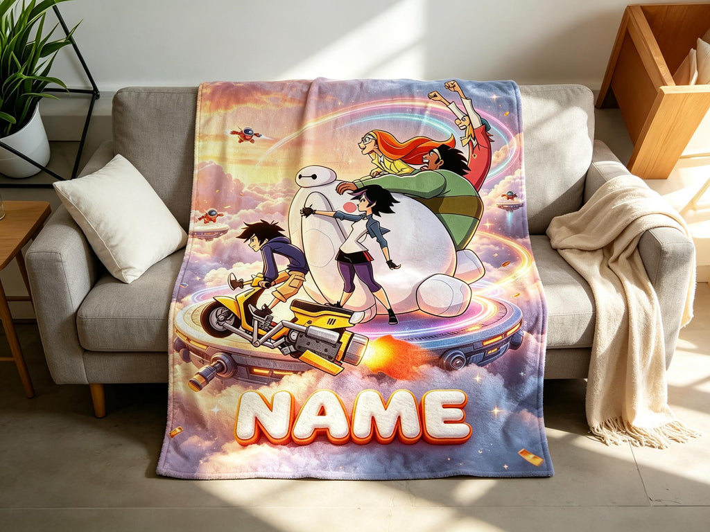 Personalized Baymax Robot Fleece Blanket, Custom Name Throw, Cozy Kids Gift