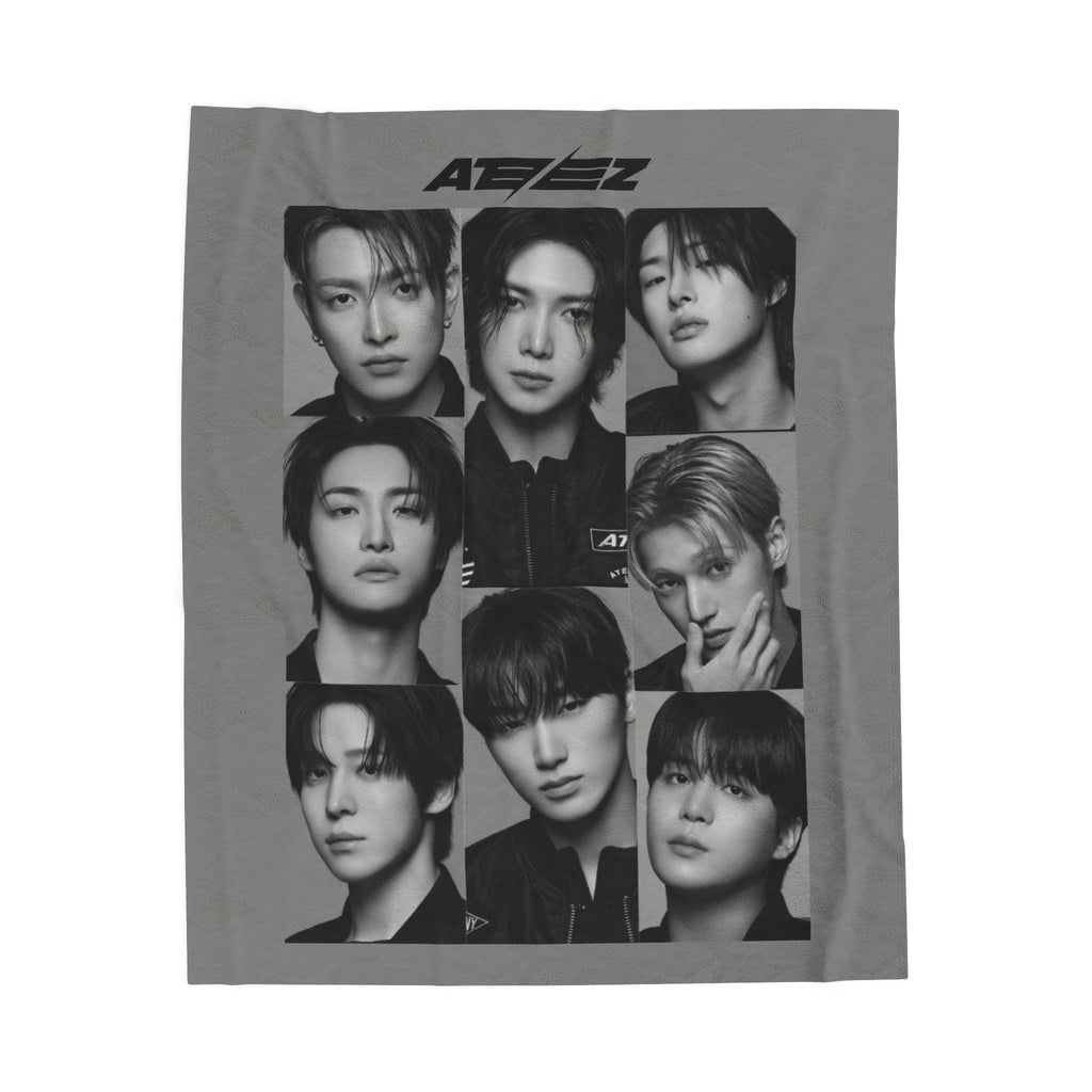 Ateez Inspired Group Photo Grayscale Velveteen Plush Blanket